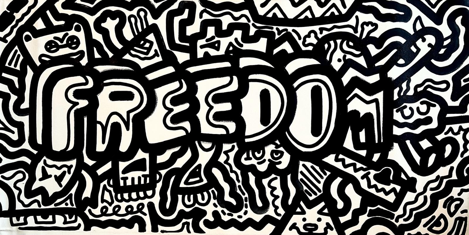 Künstler_ Joe Whale , Titel_ Doodle to Freedom , Material_Marker auf LW, Größe_ 100cm x 50cm ,Jahr_ 2023