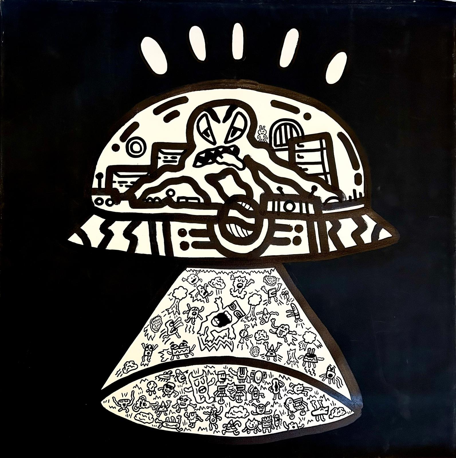 Künstler_Joe Whale ,Titel_Alien Attack, Material_Marker auf LW ,Größe_ 100cm x 100cm Jahr_,2022