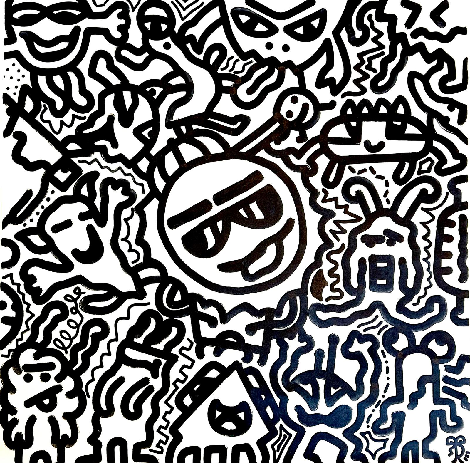 Künstler_Joe Whale ,Titel_Doodles in the sun, Material_Marker auf LW,Größe_ 100cm x 100cm ,Jahr_ 2022