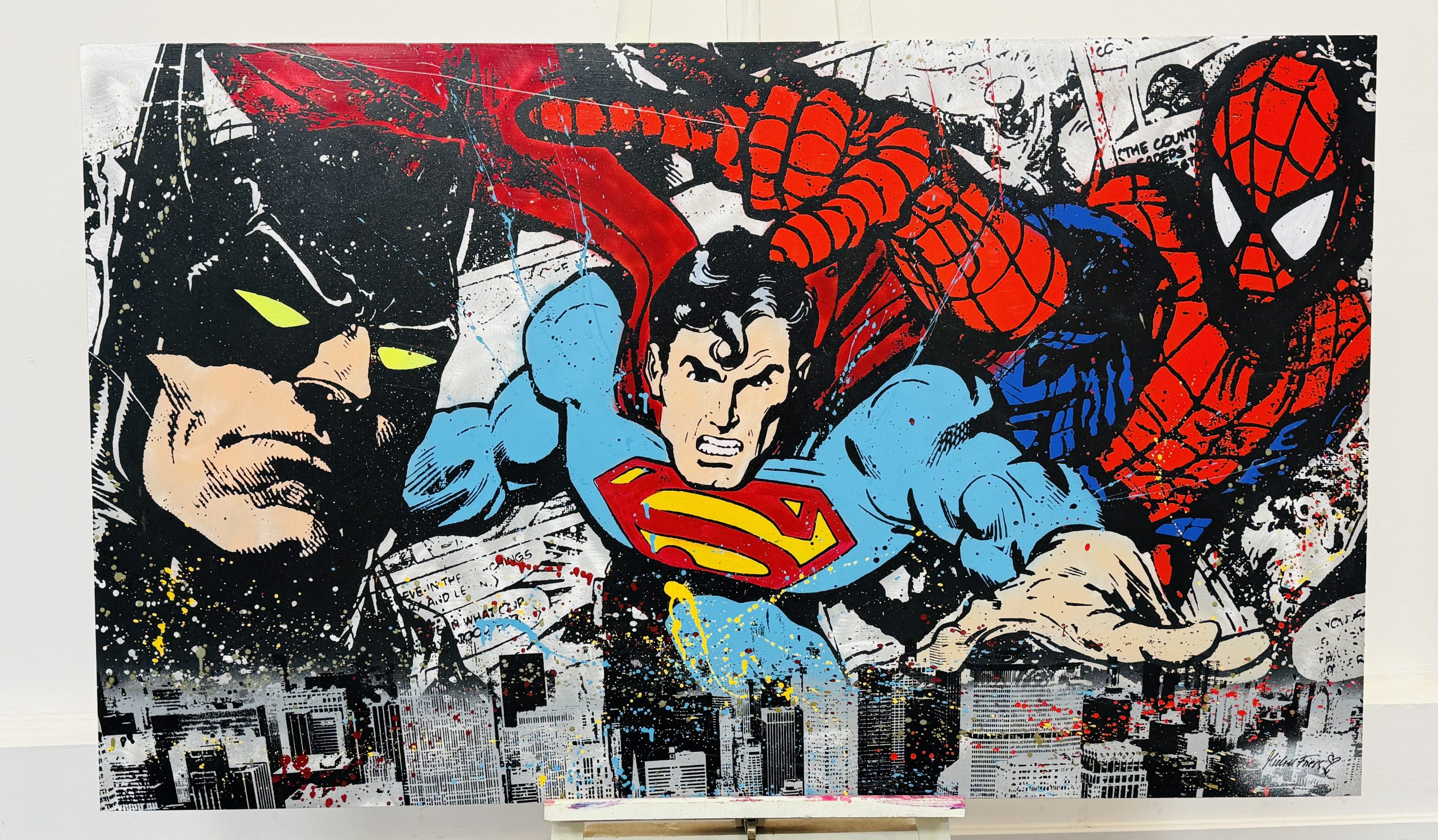 MICHEL FRIESS, Titel _ Superman & Batman, Material_ Acryl auf Aluminium, 150cm x 90cm, Jahr _2024
