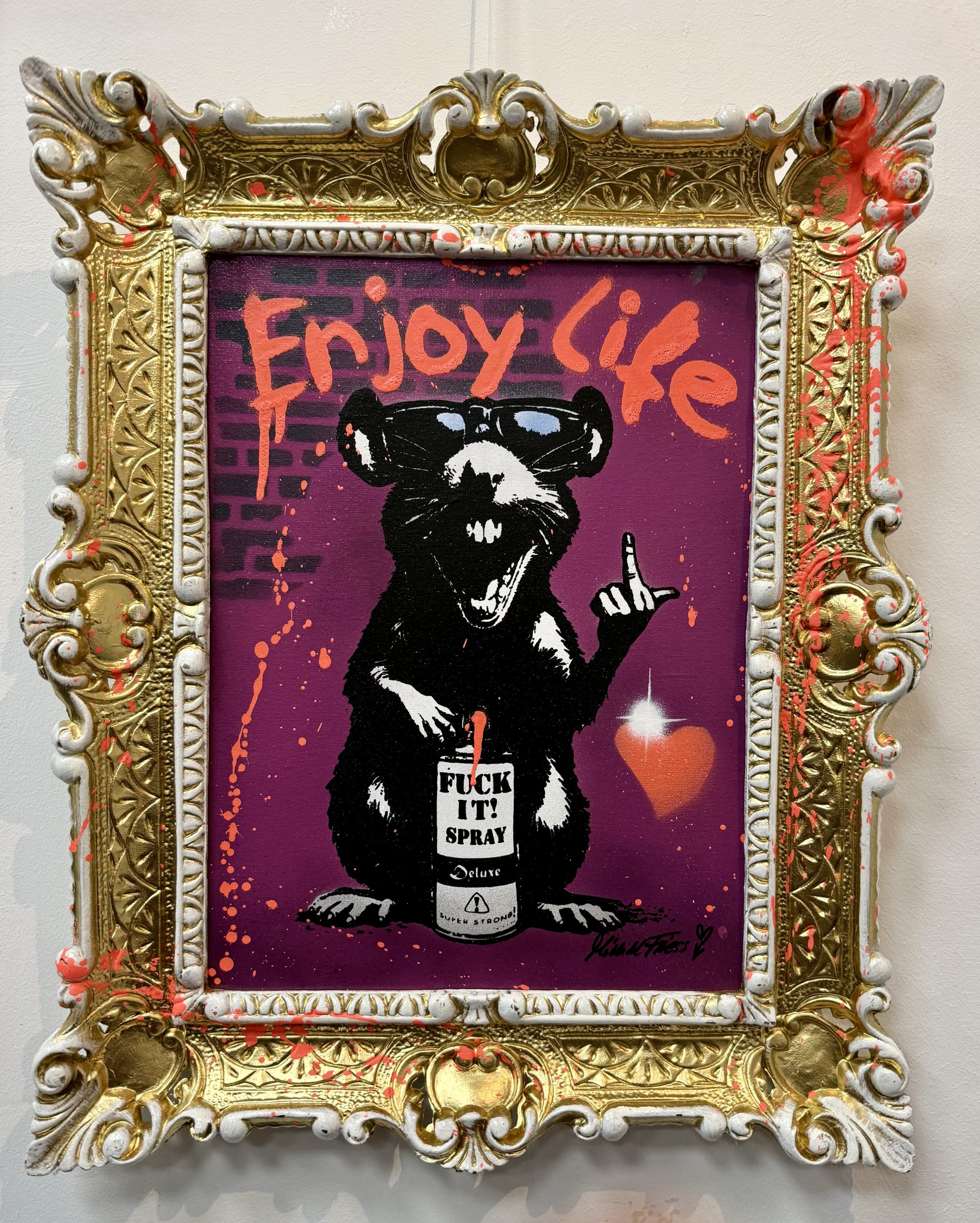 MICHEL FRIESS, Titel_ Fuck it Rat , Material_ Acryl auf Leinwand mit Goldenen Barockrahmen, Größe_40x30cm, Jahr 2024